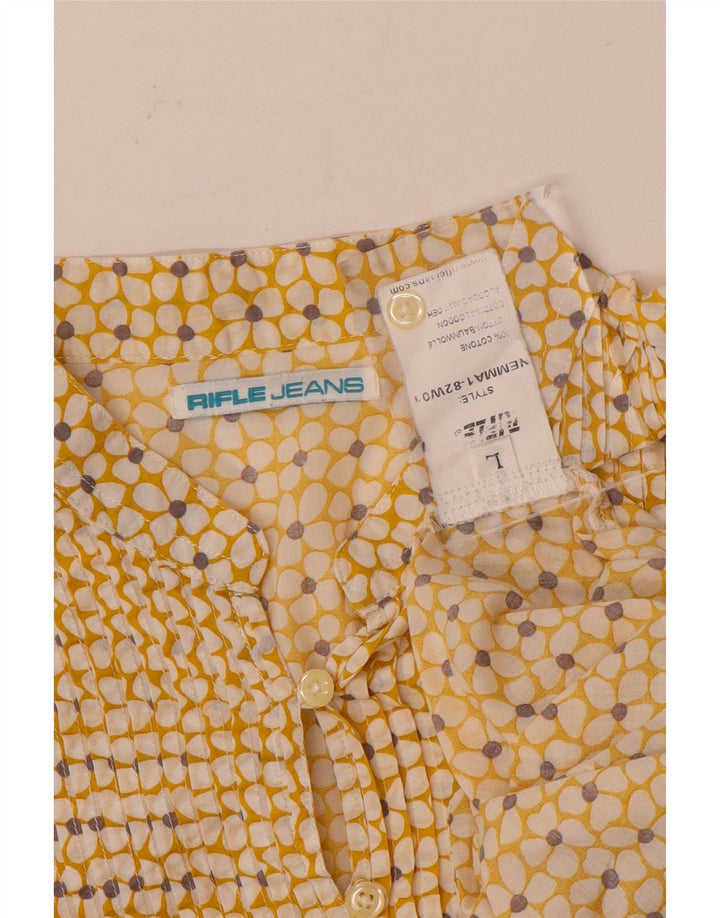 Rifle Mujer Jersey Camisa Reino Unido 16 Grande Amarillo Floral Algodón