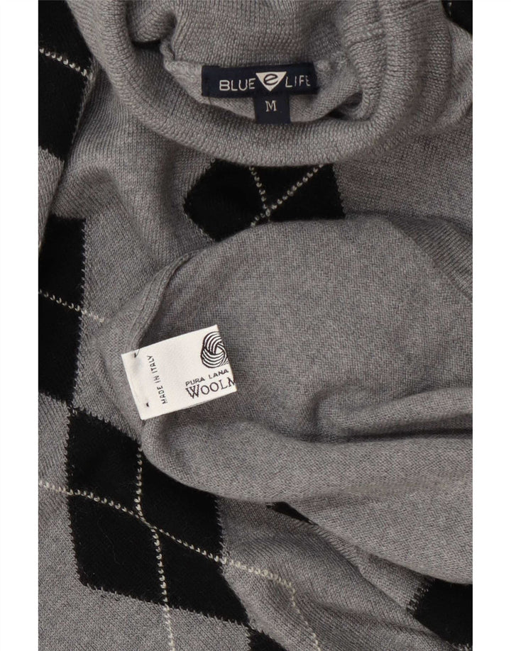 Vintage mujer rollo cuello jersey suéter Reino Unido 14 gris medio Argyle/Diamond