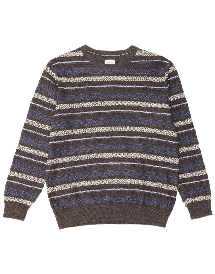 Vintage hombres cuello redondo jersey suéter medio gris rayas algodón