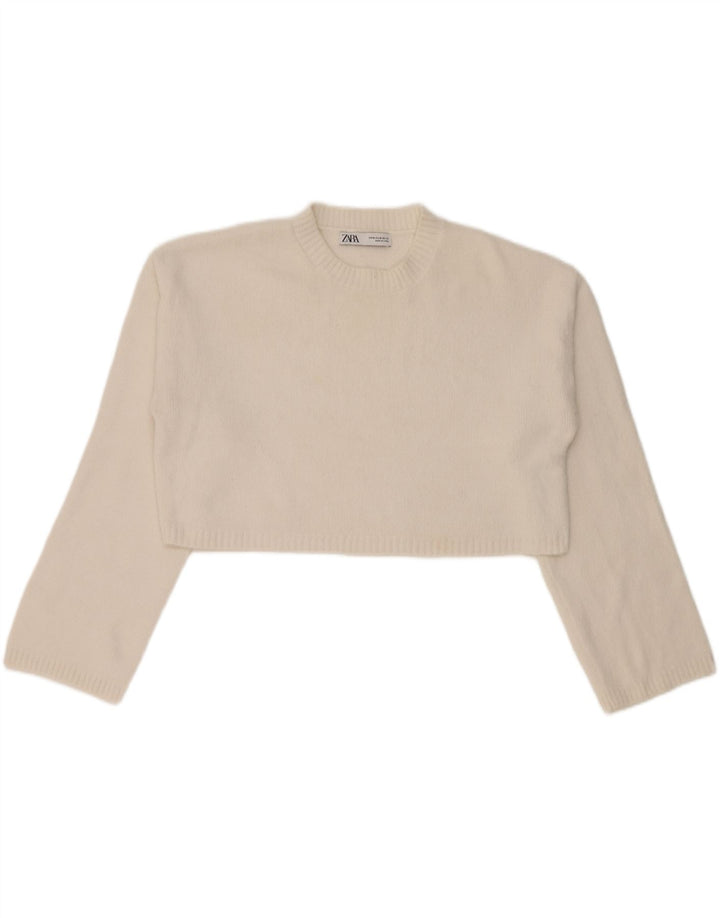 Zara Mujer Crop Crew Neck Jumper Sweater UK 44 Medium White Nylon