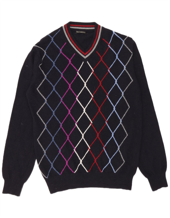 Best Company Jersey con cuello en V para hombre, talla mediana, azul marino, Argyle/Diamante