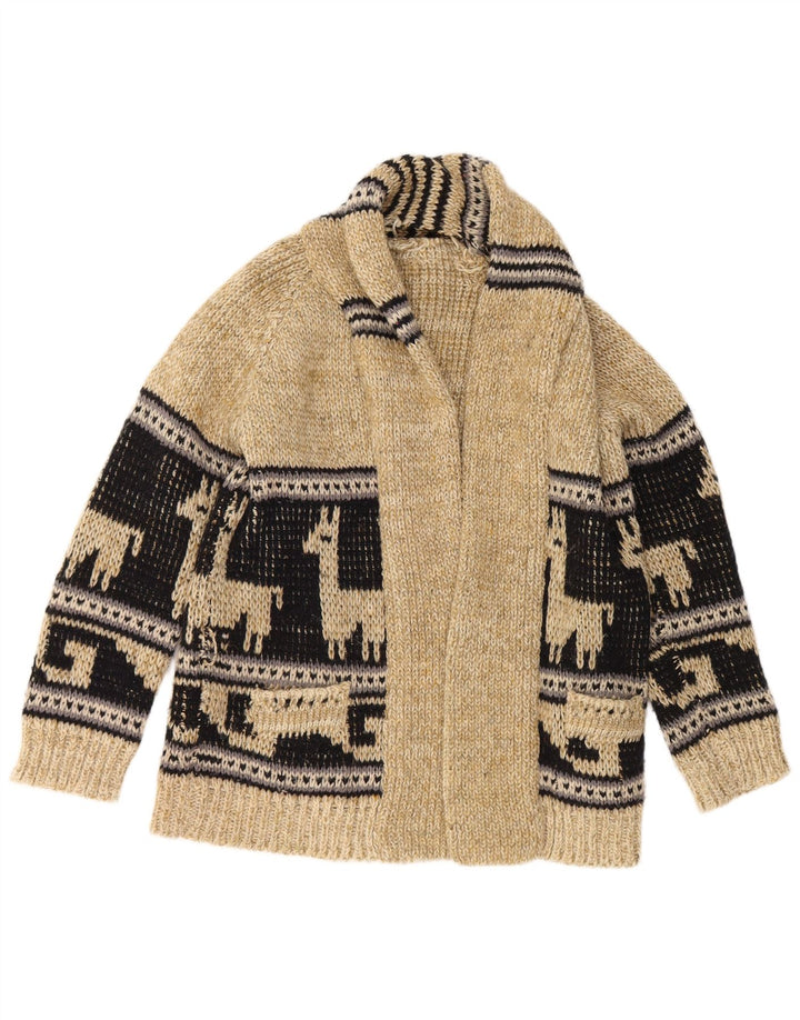 Vintage hombres gráfico abierto cardigan suéter medio beige colorblock