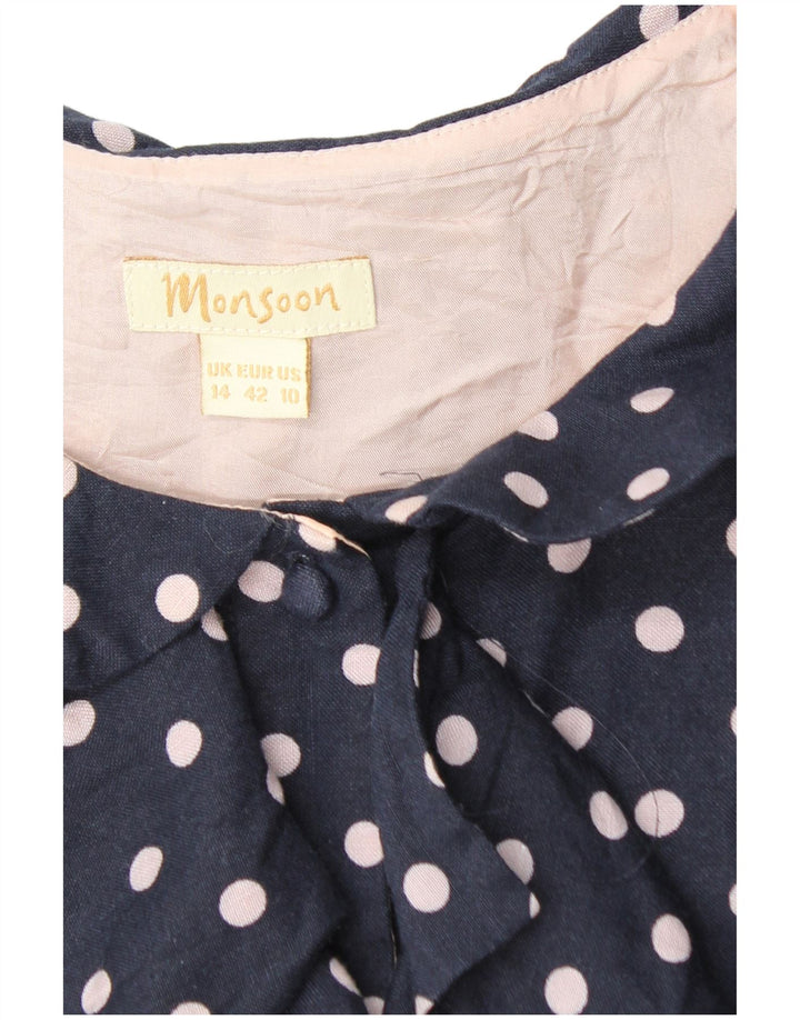MONSOON Womens Ruffle Front Sheath Dress UK 14 Large Navy Blue Polka Dot