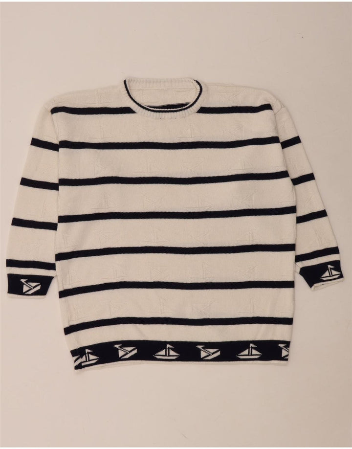 VINTAGE Hombres Crew Neck Jumper Suéter Grande Blanco Rayas