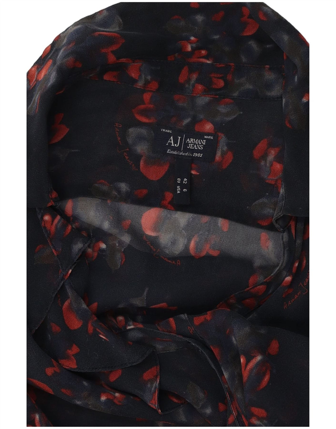 ARMANI JEANS Blusa camisera con volantes en la parte delantera para mujer EU 42 Grande Azul marino Floral