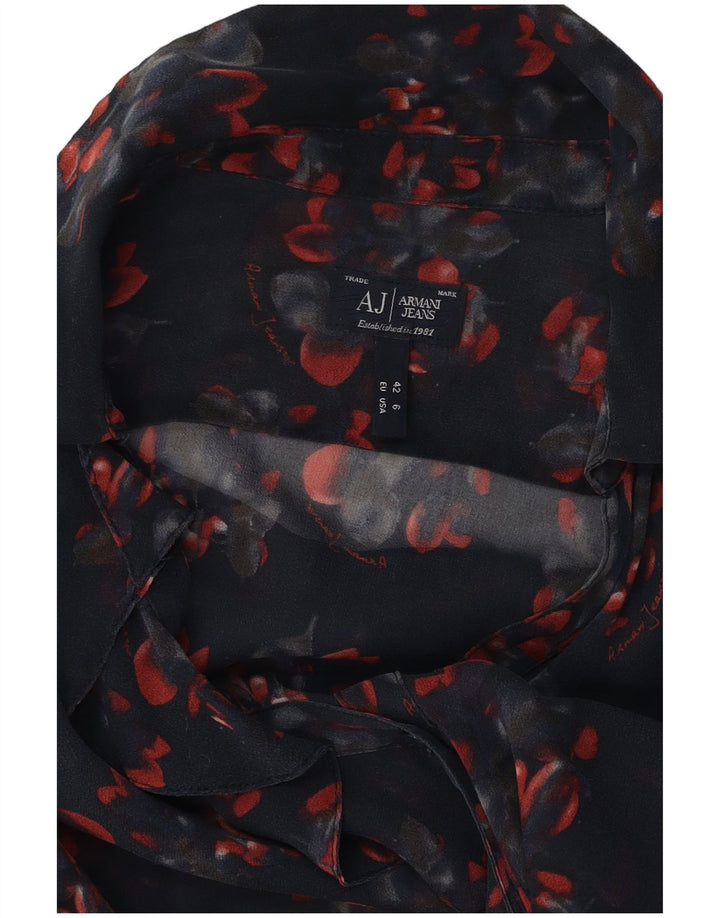 ARMANI JEANS Blusa camisera con volantes en la parte delantera para mujer EU 42 Grande Azul marino Floral