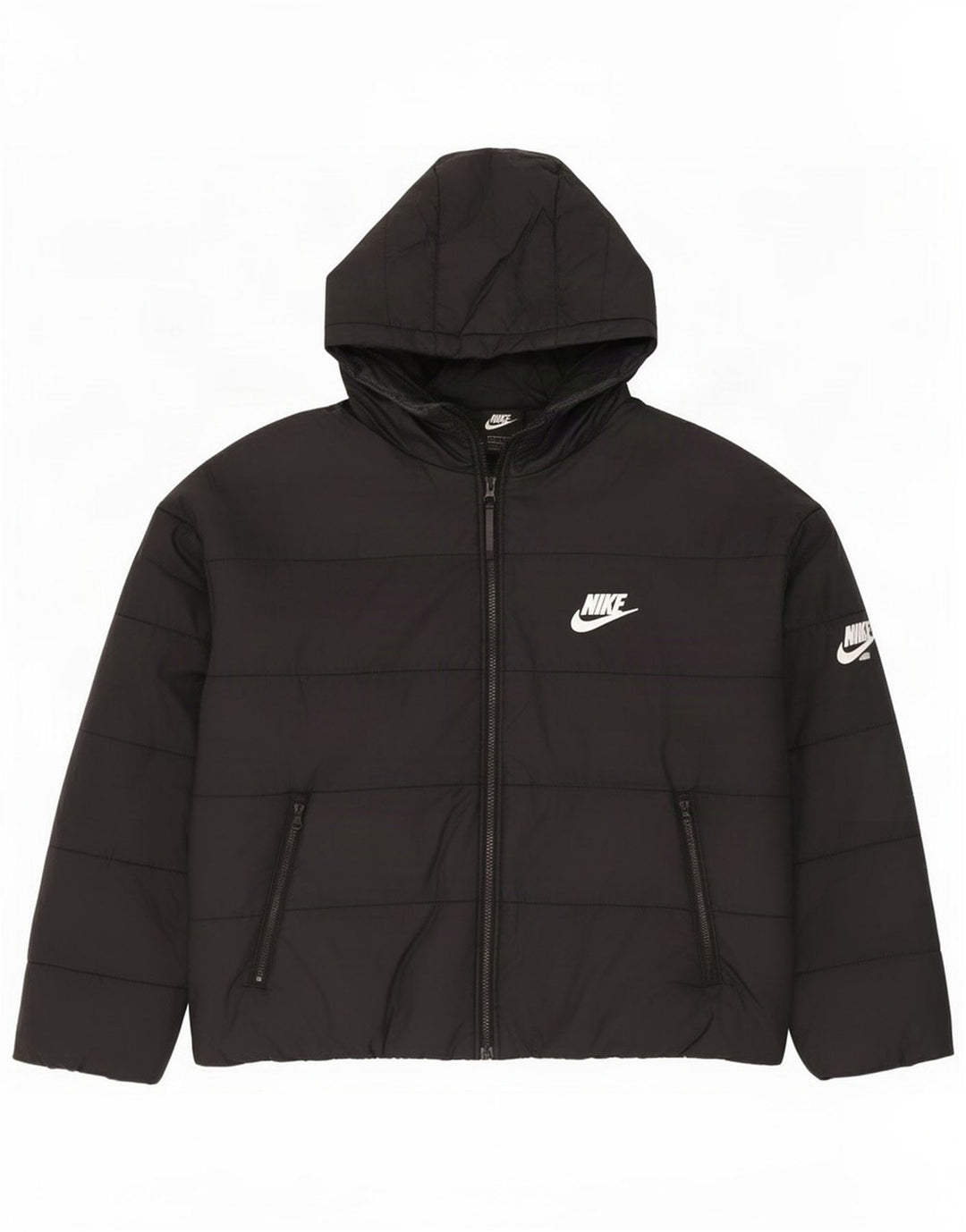 Nike Chaqueta acolchada con capucha y gráfico extragrande para mujer, talla 40, color negro