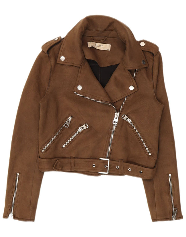 Zara Mujer Crop Biker Chaqueta UK 6 XS Marrón