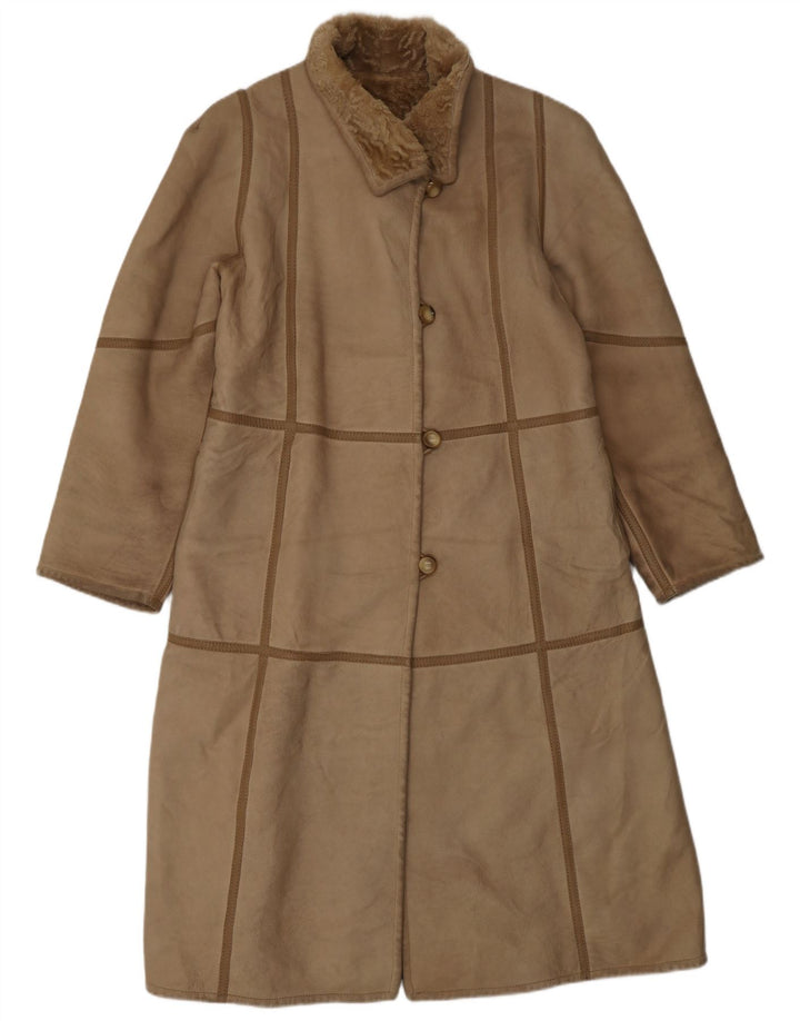 VINTAGE Mujer Shearling Abrigo Reino Unido 10 Pequeño Beige