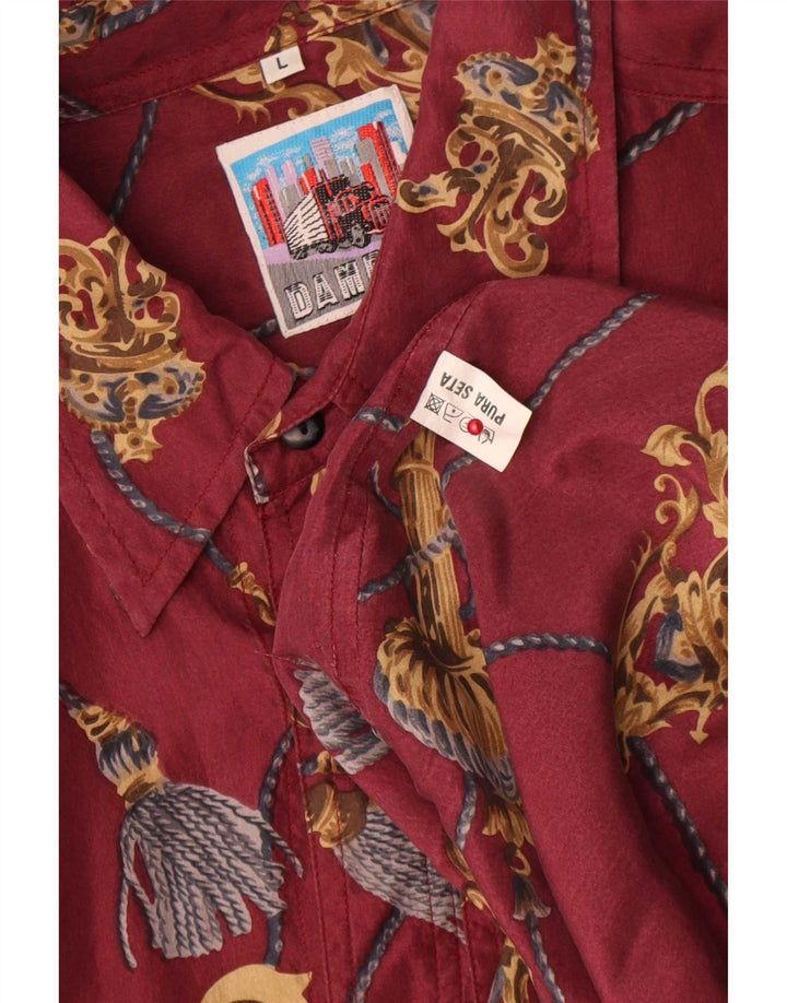 Vintage hombres patrón abstracto camisa grande seda roja