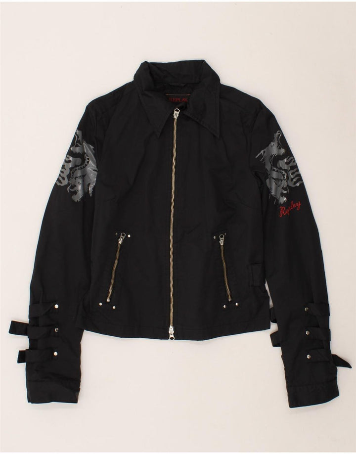 REPLAY Chaqueta bomber gráfica para mujer UK 40 Grande Algodón negro
