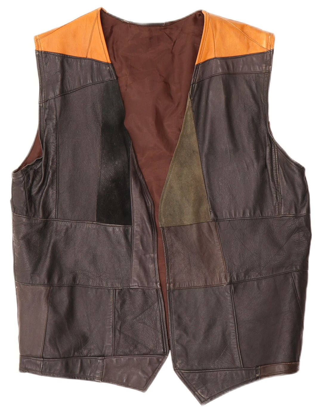 Chaleco de cuero vintage para hombre pequeño bloque de color negro