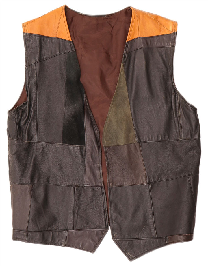 Chaleco de cuero vintage para hombre pequeño bloque de color negro