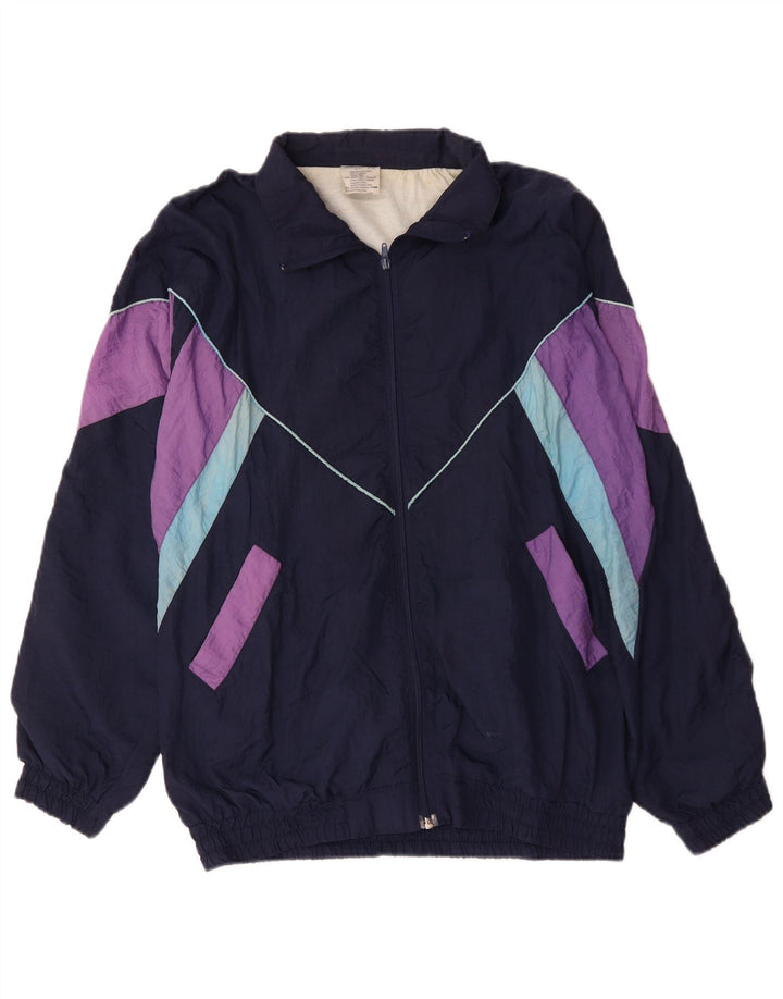Vintage Hombre Chándal Top Chaqueta XL Azul Marino Colorblock Poliamida