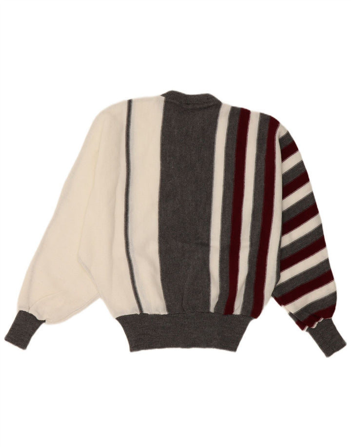 Vintage mujeres Batwing Crew cuello jersey suéter Reino Unido 14 medio blanco rayas