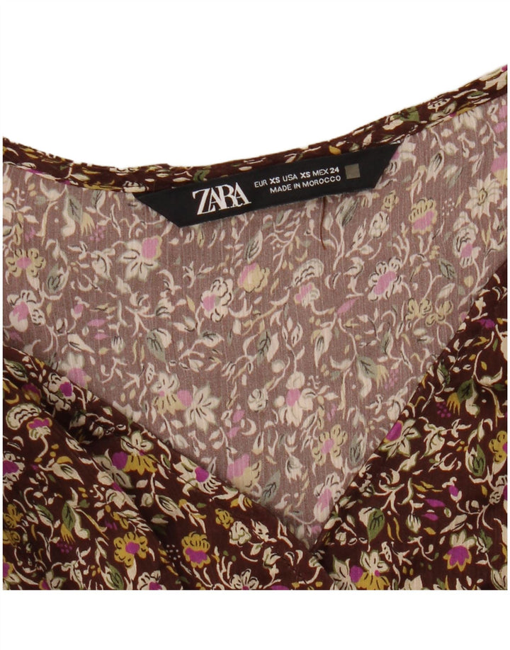 ZARA Vestido cruzado de manga larga para mujer UK 6 XS Marrón Floral