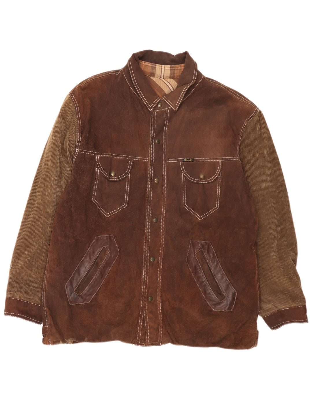 Diesel Chaqueta reversible para hombre UK 40 Large Marrón Cuero a cuadros