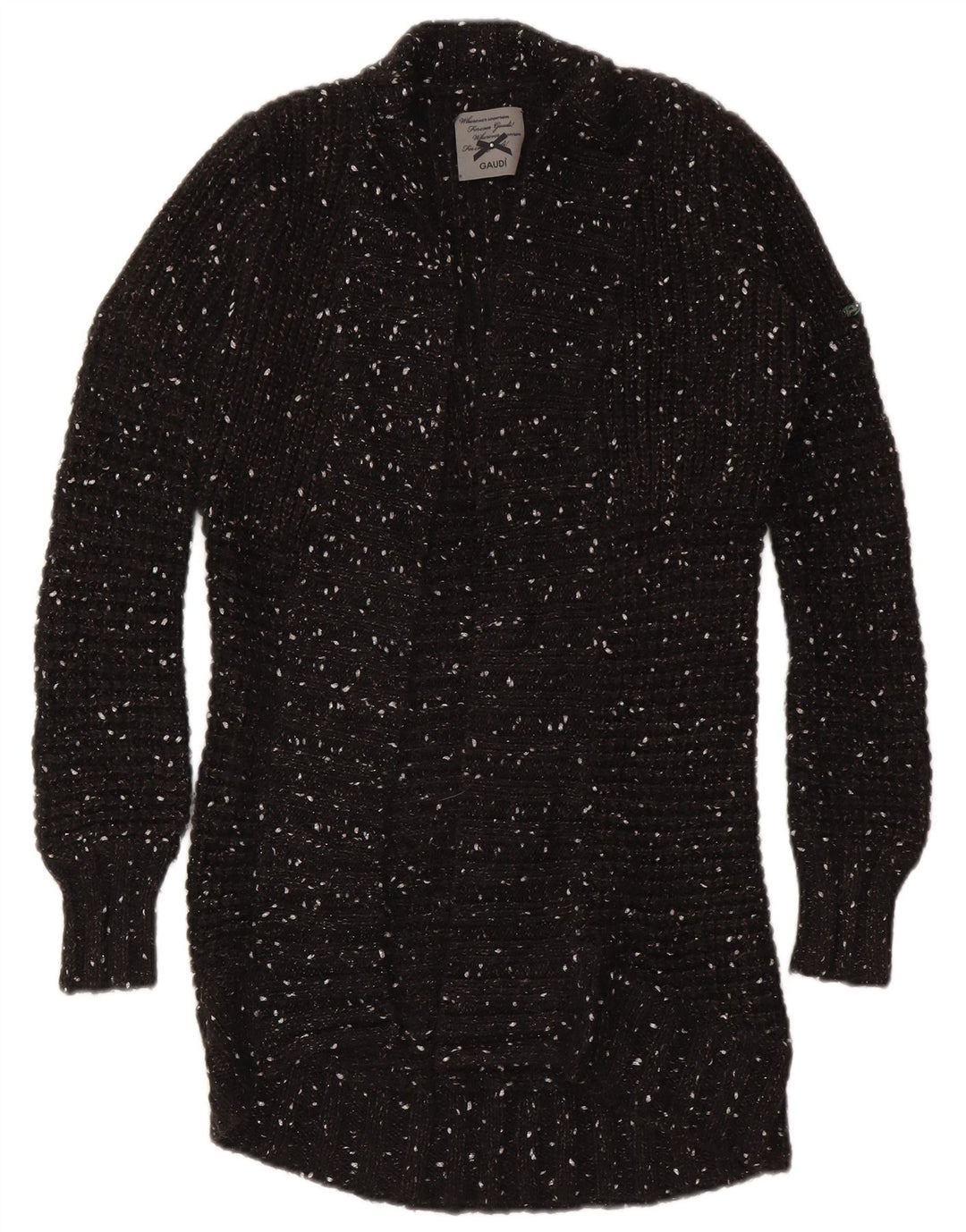 Gaudí - Cárdigan abierto largo para mujer, talla 10, nailon moteado negro pequeño