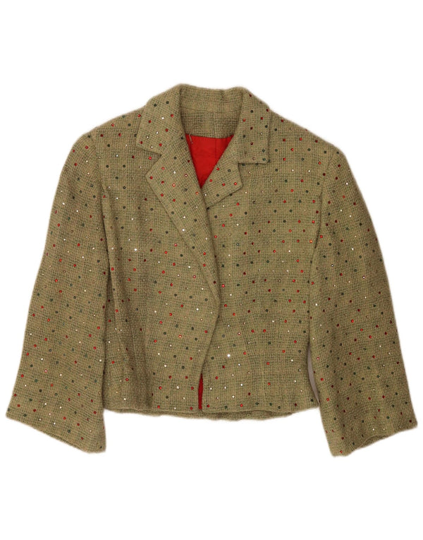 Vintage mujer crop 3/4 manga Blazer chaqueta Reino Unido 12 verde medio manchado