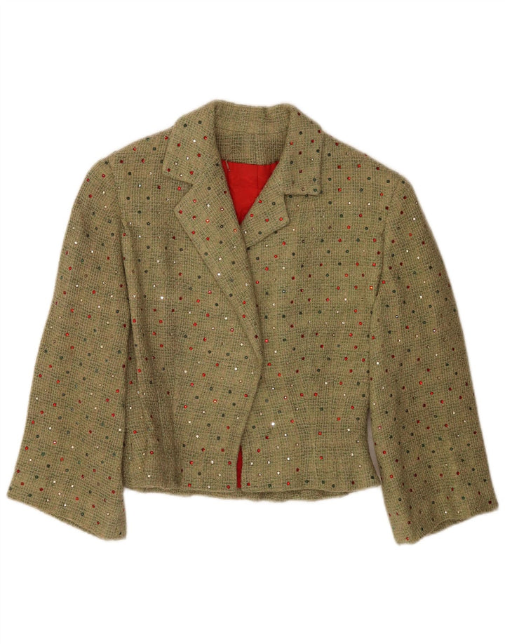 Vintage mujer crop 3/4 manga Blazer chaqueta Reino Unido 12 verde medio manchado