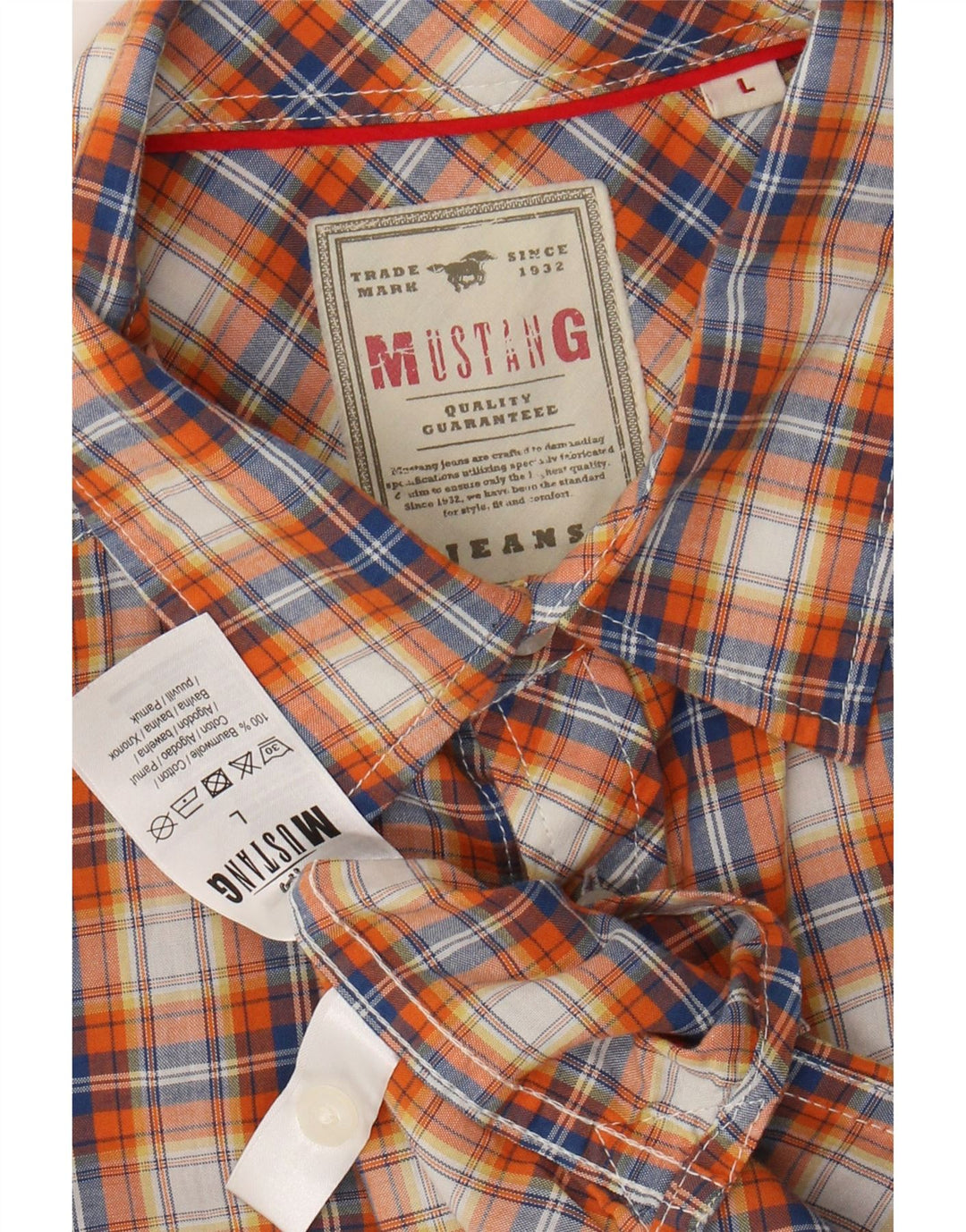 MUSTANG Camisa de manga corta para hombre de algodón a cuadros naranja grande