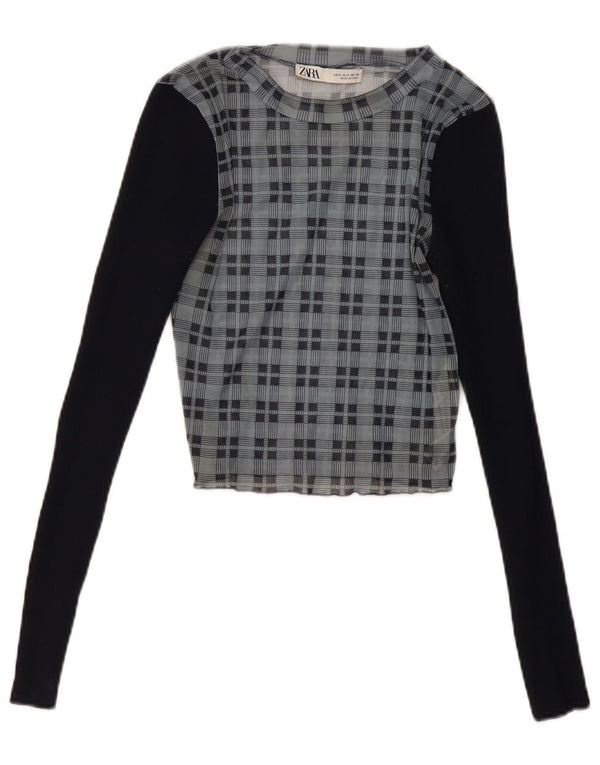 Zara Blusa Corta De Manga Larga Para Mujer UK 8 Small Azul Marino A Cuadros