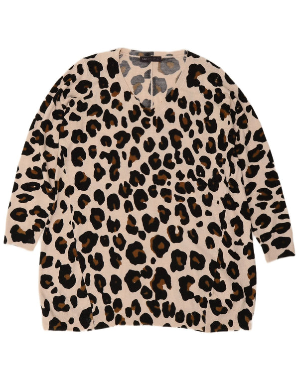 Marks & Spencer Suéter con cuello en V para mujer UK 46 Large Beige Animal Print