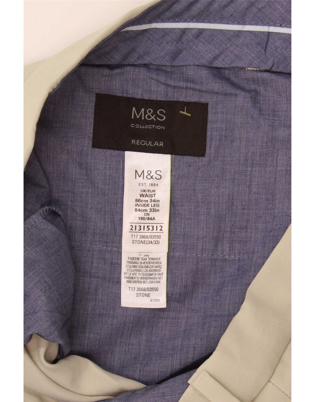 Marks & Spencer Pantalón de traje regular para hombre W34 L33 Poliéster beige