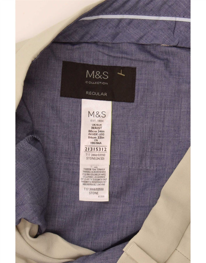 Marks & Spencer Pantalón de traje regular para hombre W34 L33 Poliéster beige
