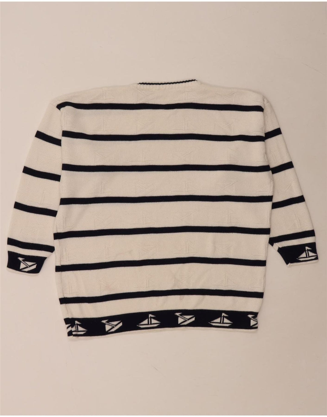 VINTAGE Hombres Crew Neck Jumper Suéter Grande Blanco Rayas