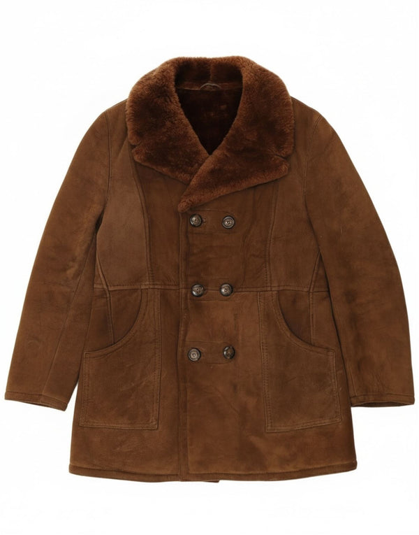 Vintage hombres doble pecho shearling chaqueta IT 54 2XL cuero marrón