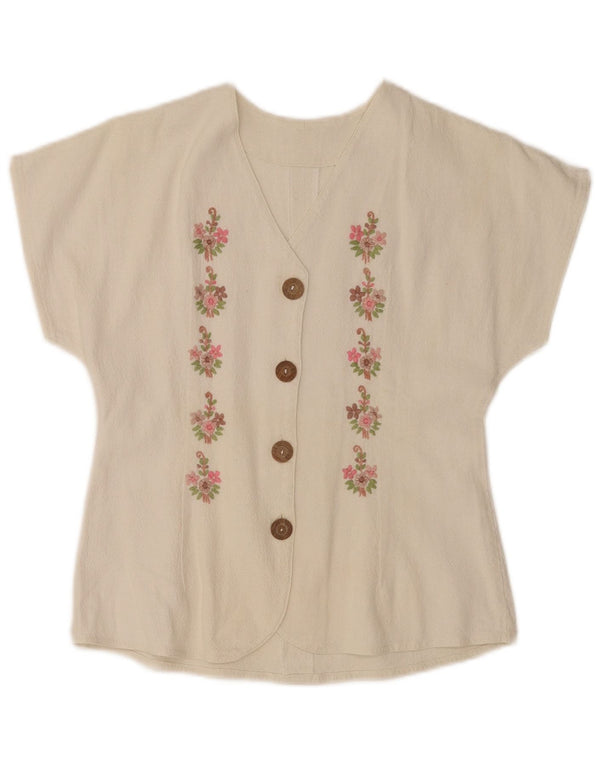 Vintage mujer camisa de manga corta blusa Reino Unido 10 pequeño off blanco floral