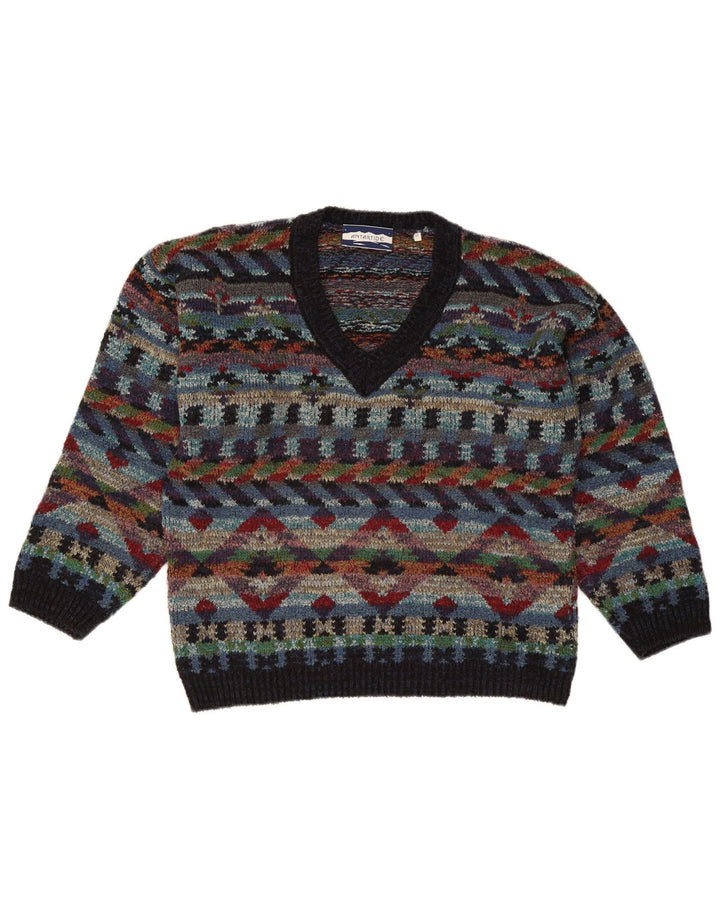 Vintage hombres V-cuello jumper suéter medio multicolor lana geométrica