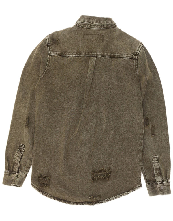 Zara Hombre Camisa Vaquera Desgastada De Corte Relajado Pequeño Algodón Caqui