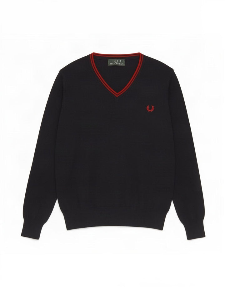 Fred Perry Jersey con cuello en V para hombre de lana azul marino grande