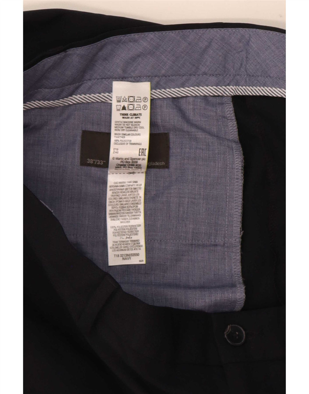 Marks & Spencer Pantalón chino de corte regular para hombre W38 L33 Poliéster azul marino