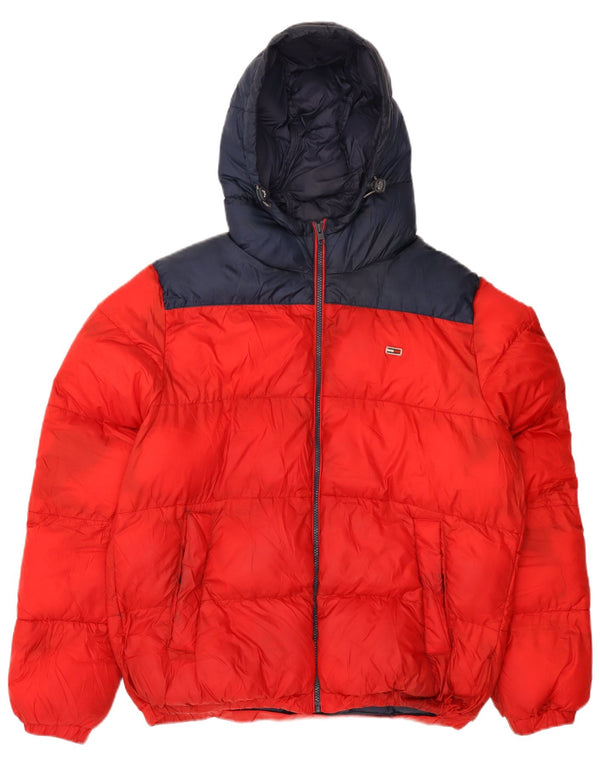 TOMMY HILFIGER Mens Hooded Padded Jacket UK 40 Large Red Colourblock