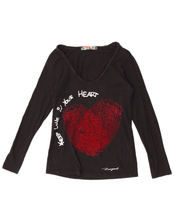 Desigual Top gráfico para mujer de manga larga UK 14 Large Black Cotton Heart