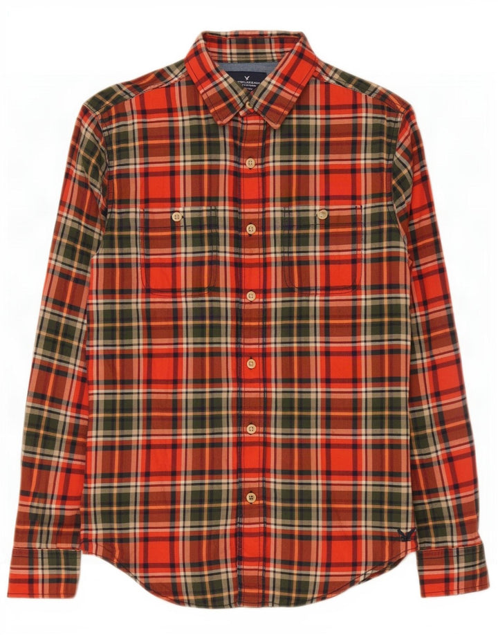 American Eagle Outfitters Camisa de franela de corte clásico para hombre con cuadros rojos pequeños