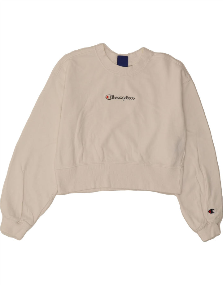 CHAMPION Womens Oversized Crop Sweatshirt Jumper UK 10 Small White Cotton Vintage Champion and Second-Hand Champion from Messina Hembry 