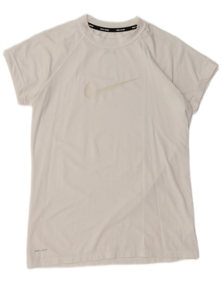 NIKE Mujer Dri Fit Graphic Camiseta Top UK 12 Medio Blanco Poliéster