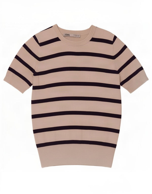 Zara Mujer Blusa Top UK 42 Viscosa Rayas Gris Medio