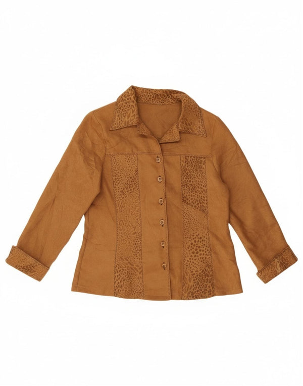 Vintage mujer camisa blusa Reino Unido 14 grande marrón animal impresión poliacrílico