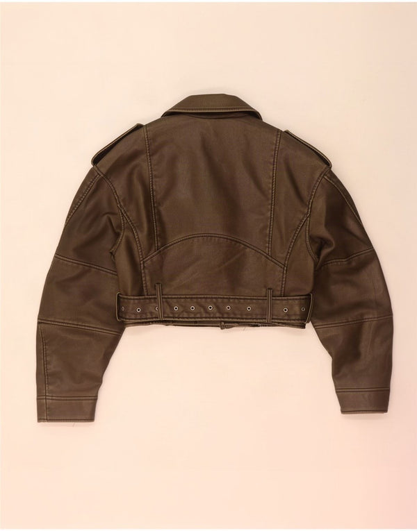 Zara Mujer Crop Chaqueta Biker De Piel Sintética UK 10 Small Caqui Polietileno