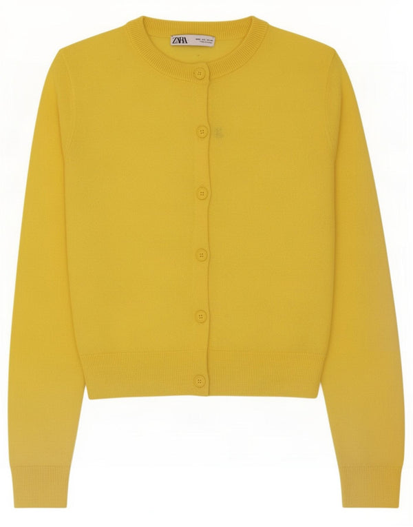 Zara Mujer Crop Cardigan Suéter UK 10 Small Amarillo Nylon