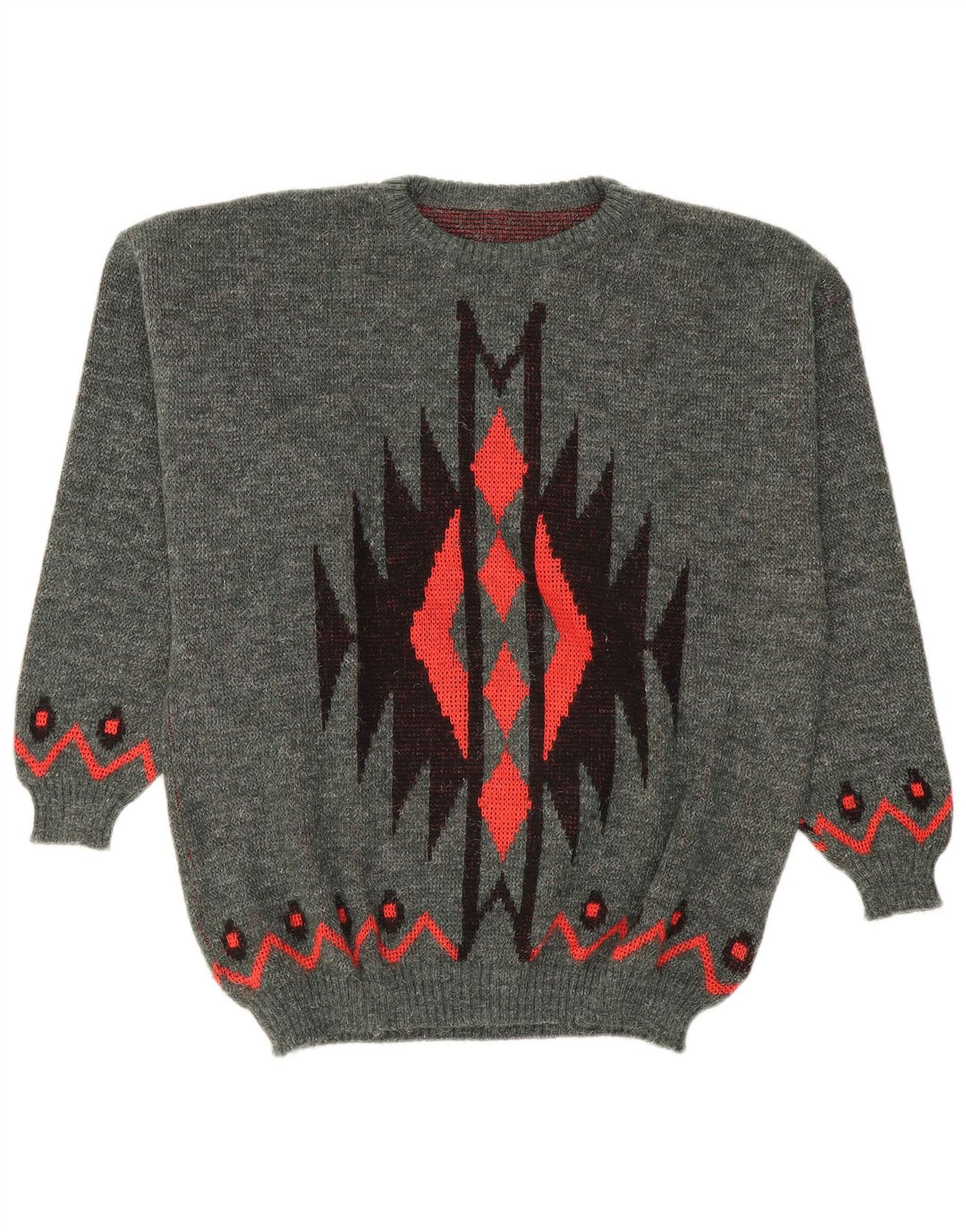 Vintage hombres cuello redondo jersey suéter grande gris geométrico poliacrílico