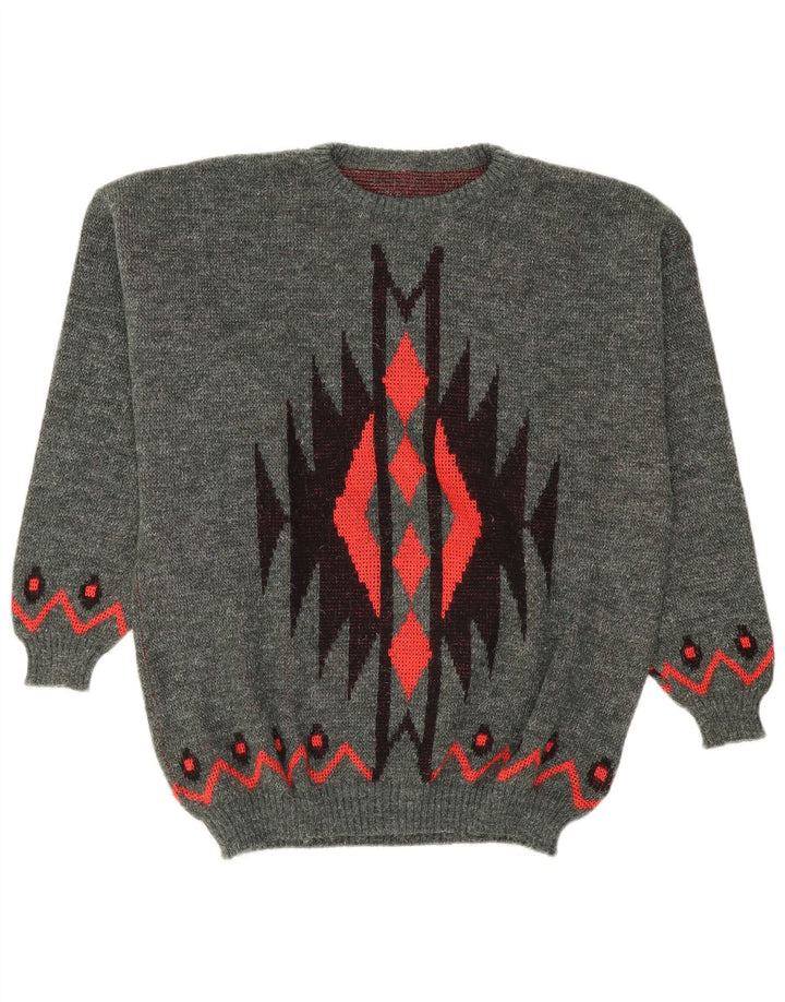 Vintage hombres cuello redondo jersey suéter grande gris geométrico poliacrílico