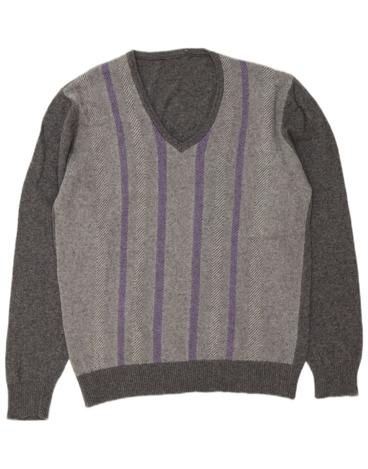 Vintage hombres V-cuello jumper suéter grande gris rayas