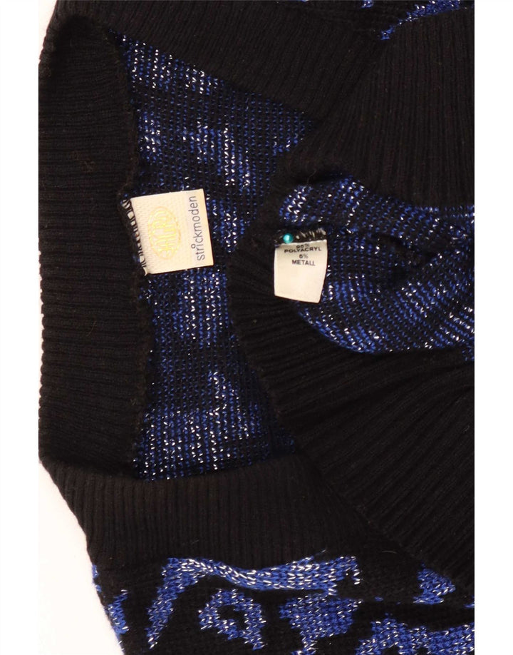 Vintage mujeres patrón abstracto V-cuello jumper suéter Reino Unido 16 grande azul marino
