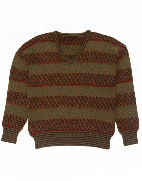 Vintage hombres V-cuello jumper suéter IT 50 medio caqui rayas